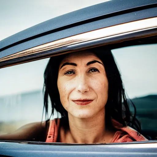 Prompt: photo of a woman in a car by nicola kuperus