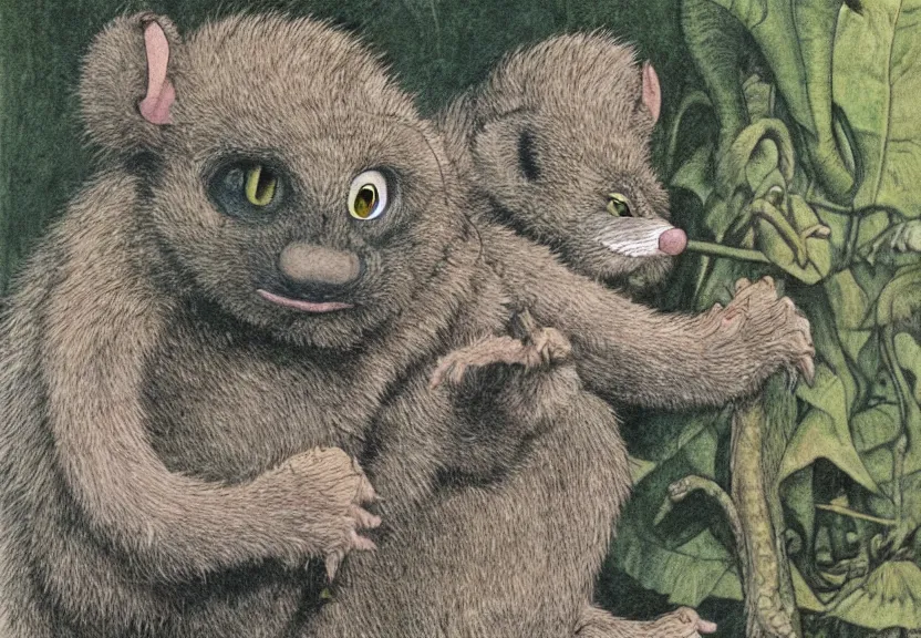 Image similar to possum monster in the wild, colorized, high detail, by Maurice Sendak