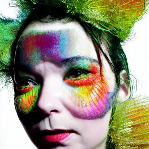 Image similar to photography facial portrait of bjork, natural background,. natural pose, wearing stunning cloth by iris _ van _ herpen, with a colorfull makeup. highly detailed, skin grain detail, photography by paolo roversi, nick knight, helmut newton, avedon, araki