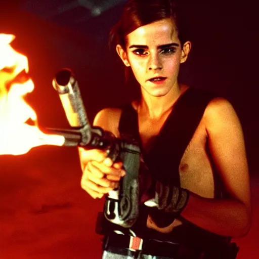 Image similar to film still of Emma Watson holding a flamethrower in Alien 1979, 4k