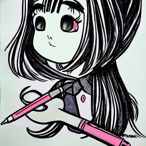 Image similar to a perfect professional sketch of a funny and cute Japanese schoolgirl, by ink pen with a few colored pens, in style of Disney Pixar, CalArts, on high quality paper