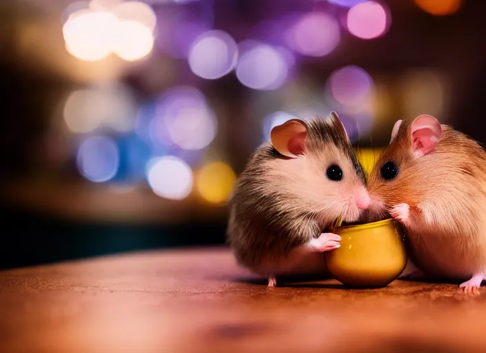 Image similar to photo of a hamsters on a date, kissing, at night, faded colors, candlelit restaurant table, cinematic color grading, various poses, soft light, centered, sharp focus, 8 k