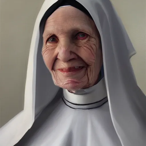 Prompt: a portrait of an old nun, oil painting, pale colors, high detail, 8 k, wide angle, trending on artstation,