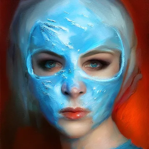 Prompt: ‘ icewind dale ’ themed womanly portrait by ‘ justin sweet ’, frost blue mask, falling snow, soft focus, oil paint,