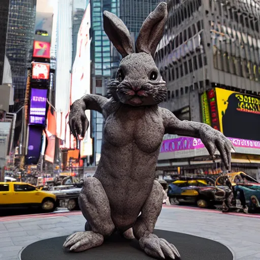 Image similar to a realistic clay sculpture of a very scary bunny with sharp teeth made by michelangelo, standing in times square, 3 d render, hyper detailed, sharp focus, 8 k resolution