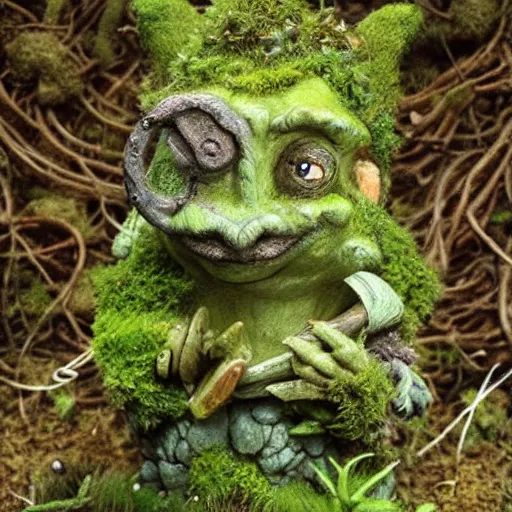 Prompt: a cute friendly mossy trollmancer made of moss and wood by brian froud, insanely detailed, forestpunk,