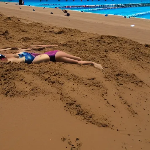 Prompt: olympic swimming in sand, instead of water there is sand, extremely coherent