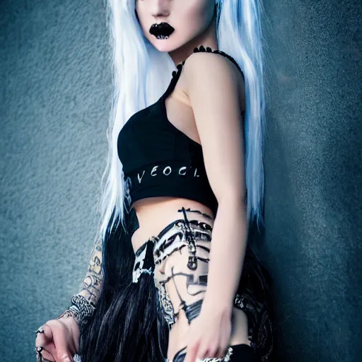 Image similar to kerli koiv model goth girl in mini skirt and crop top intricate, extremely detailed, photograph, photorealistic, 8 k sensual lighting, incredible art, l