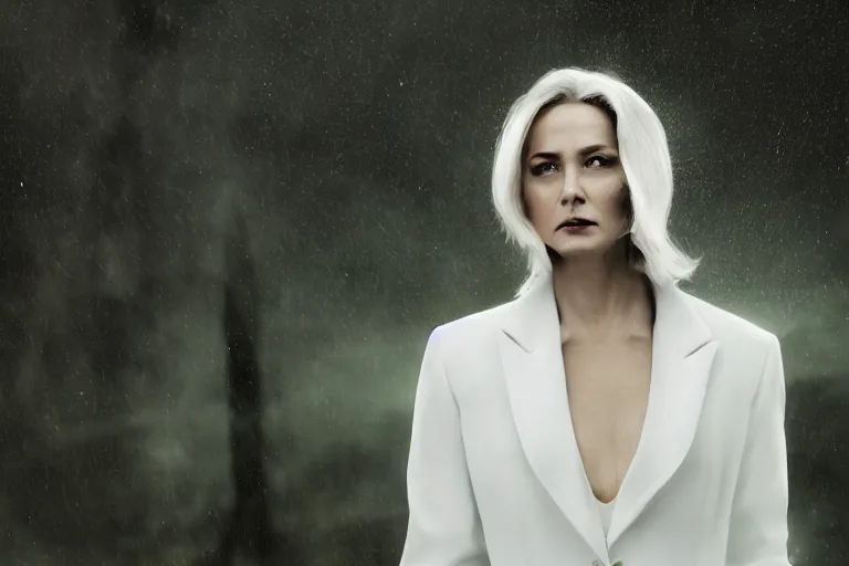 Prompt: a cinematic headshot portrait of a beautiful middle aged woman wearing futuristic white suit on the top of a mountain, overlooking a vast serene forest, large diffused light, neon light, 4 k, ultra realistic, dramatic lighting, rain, clouds, fog, vogue, fashion, glamour, magazine spread, by marco mazzoni and jessica rossier