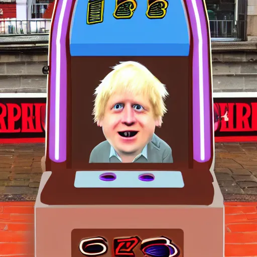 Prompt: an arcade whack a mole game with moles that look like boris johnson,