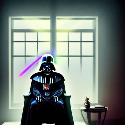 Prompt: darth vader sitting in a chair in his living room with sunlight pouring in through a window, portrait, fantasy, beautiful face, vivid colors, elegant, concept art, sharp focus, digital art, hyper - realistic, 4 k, unreal engine, highly detailed, hd, dramatic lighting by brom, trending on artstation