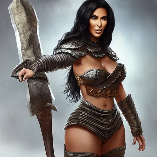 Image similar to kim kardashian as a female barbarian in heavy armor standing on a dragons corpse, au naturel, hyper detailed, digital art, trending in artstation, cinematic lighting, studio quality, smooth render, unreal engine 5 rendered, octane rendered, art style by klimt and nixeu and ian sprigger and wlop and krenz cushart