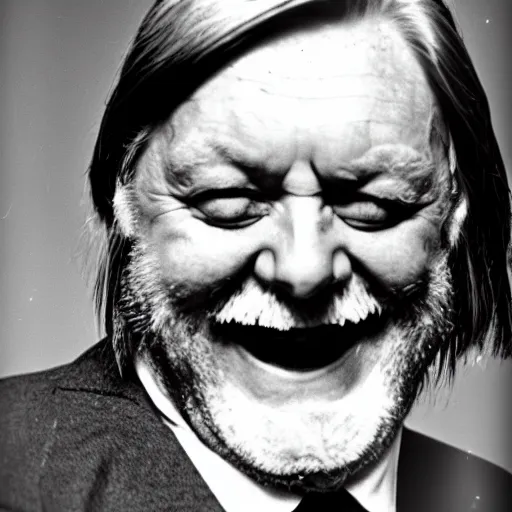 Image similar to laughing robert wyatt with mouth wide open pointing a gun directly at the camera