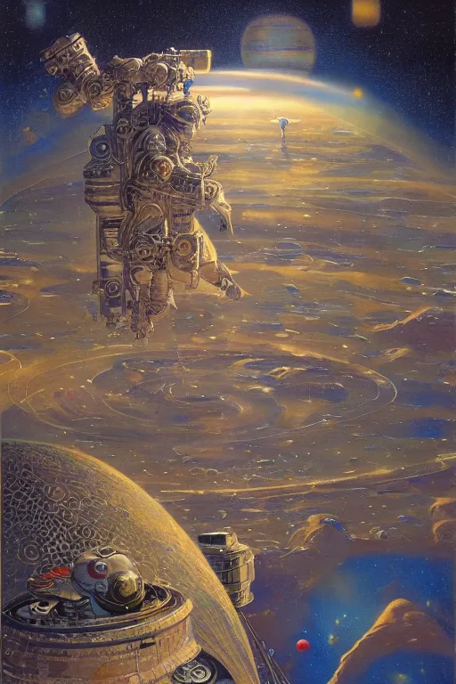 Image similar to space privateer of the outer reach, painted by james c. christensen and robert mccall, trending on artstation, soft illumination microscopic view abstract illusionism, in the silver hour, bokeh, avant - garde