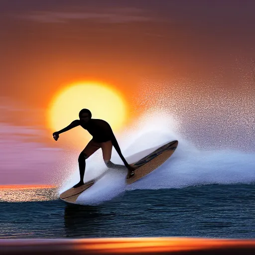 Prompt: barack obama surfing in rough surf with drink in hand, realistic, high detail, volumetric lighting, sunset