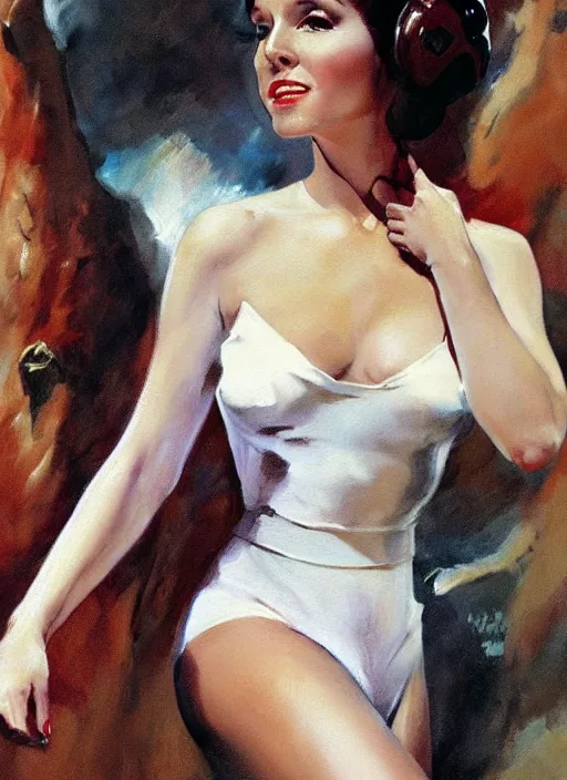 Image similar to oil painting of Princess Leia white ceremony dress torn ripped by frank frazetta alluring pin up deviant art seductive