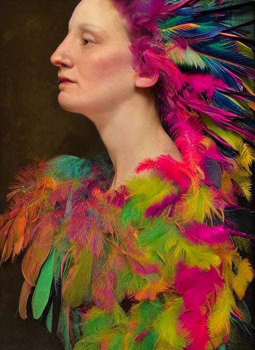 Image similar to a woman's face in profile, made of exotic colourful feathers, in the style of the Dutch masters and Gregory Crewdson, dark and moody