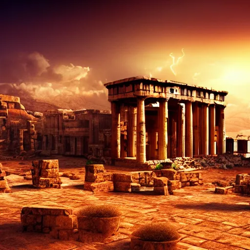 Image similar to Cinematic view of ancient fantasy city with greek architecture in a searing desert; fantasy art