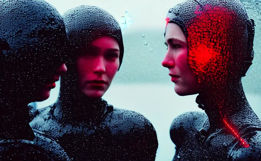 Image similar to cinestill 5 0 d candid photographic portrait by christopher nolan of two loving female androids wearing rugged black mesh techwear in treacherous waters, extreme closeup, modern cyberpunk moody emotional cinematic, pouring rain menacing red spotlight, 8 k, hd, high resolution, 3 5 mm, f / 3 2, ultra realistic faces, ex machina