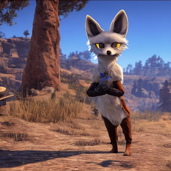 Image similar to screenshot of an anthropomorphic blue fennec fox in cowboy attire from red dead redemption 1