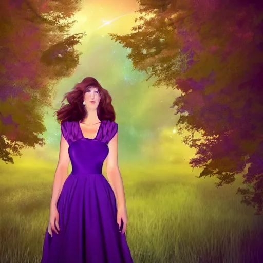 Image similar to an hd photo of a young woman with short brown hair and green eyes, purple dress, beautiful trees in the background, night sky with stars and galaxies, trending on artstation