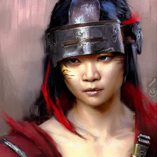 Prompt: a medieval bandit, asian female, athletic, gearing up for battle, candid, red accents, fantasy character portrait by gaston bussiere, craig mullins