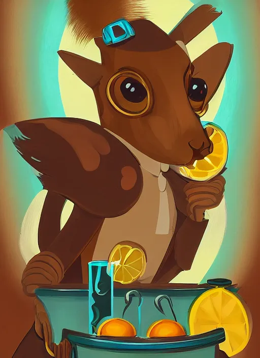 Image similar to squirrel anthro as a dapper bartender, retro futurism, art deco, detailed painterly art style, 🐿🍸🍋, furaffinity, trending on artstation