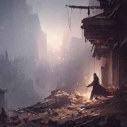 Image similar to a monk standing in the rubble of a smoking building, 8k, sharp high quality artwork in style of Jose Daniel Cabrera Pena and Greg Rutkowski, concept art by Tooth Wu, blizzard warcraft artwork