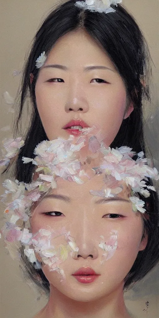 Image similar to beautiful highly detailed and expressive oil painting of a korean woman's face dissolving into petals, masterpiece, dynamic lighting,