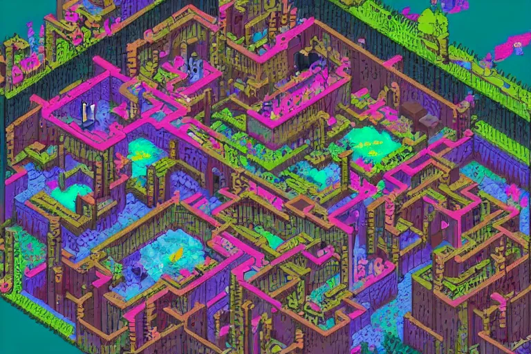 Prompt: isometric pixelart intricate flourescent complex wimmelbild illustration of dungeon room map by greg rutkowski and Ryōma Itō and dan mumford and möbius trending on artstationin the style of Ghibli and 1960s Americana Comics HQ 8K scan