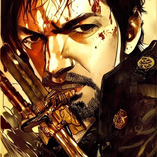 Image similar to portrait of a hero holding his sword in front of his face by yoji shinkawa, high quality, extra details, realism, ornate, colored, golden chain, blood, white skin, short hair, brown eyes, vivid, sunlight, dynamic, american man, freedom, white american soldier, ball point pen