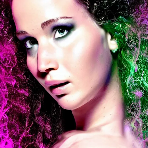 Prompt: a realistic detailed studio portrait photo of jennifer lawrence as the the bride of frankenstein, vaporwave