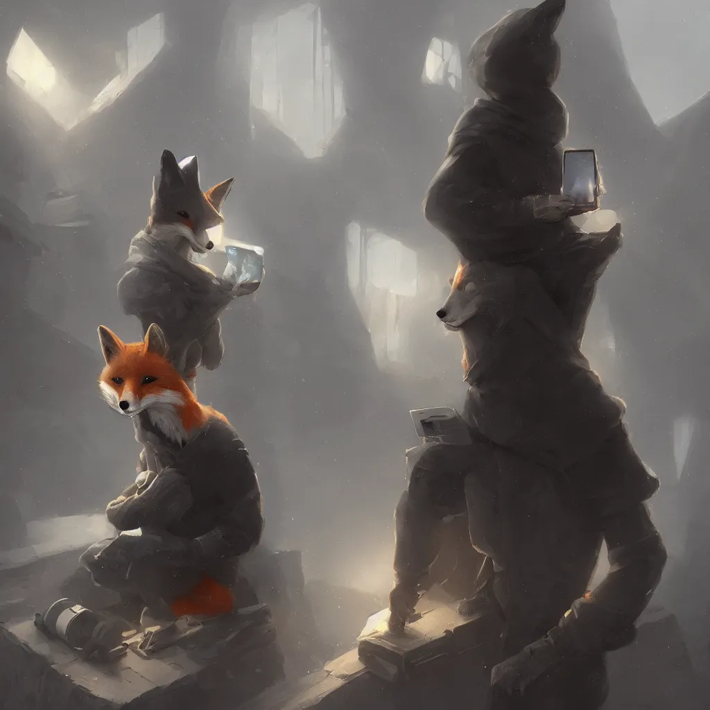 Prompt: an anthropomorphic fox wearing a hoodie and anonymous mask and sitting in front of a portable black computer, white background, concept art, digital painting, highly detailed, style by jordan grimmer and greg rutkowski, illustration