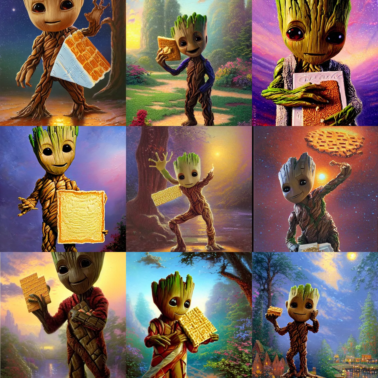 Prompt: painting of Baby Groot holding oversized piece of Matzah in his hand, Thomas Kinkade