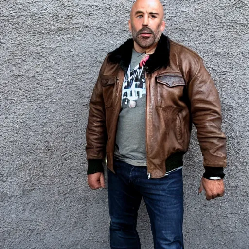 Prompt: a grizzly bear wearing a leather jacket as a guest on the joe rogan podcast