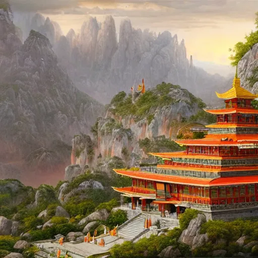 Image similar to a beautiful and highly detailed matte painting of a colorful yet humble buddhist temple and fort built of large stones in the distance high in the most epic mountains ever, intricate details, epic scale, insanely complex, 8 k, sharp focus, hyperrealism, very realistic, by caspar friedrich, greg rutowski, james gurney, hudson river school