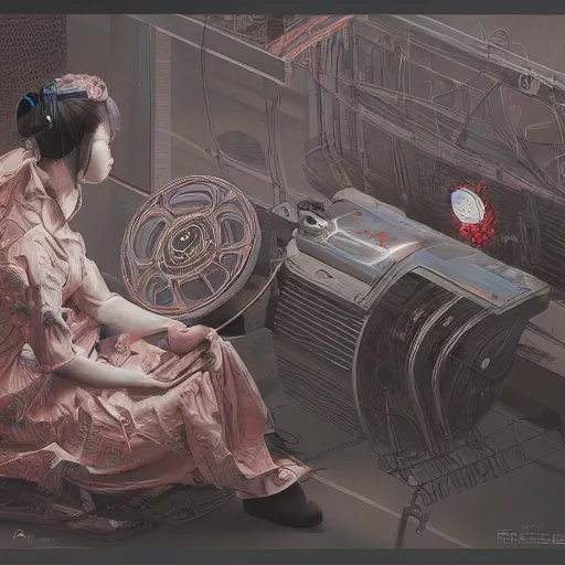 Image similar to hyperrealistic photography of a machine entering a female host in the style of Jin Kagetsu, James Jean and wlop, highly detailed, sharp focus, intricate concept art, digital painting, ambient lighting, 4k, artstation