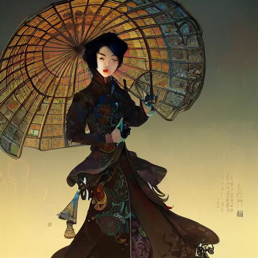 Image similar to steampunk Chinese lady with umbrella, detailed, digital painting, concept art, smooth, sharp focus, illustration, art by Sam Spratt, Dan Mumford, Artem Demura and Alphonse Mucha