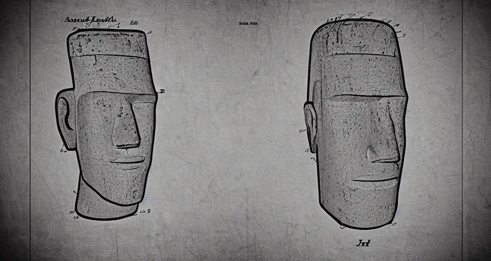 Image similar to moai head patent drawing, photorealistic