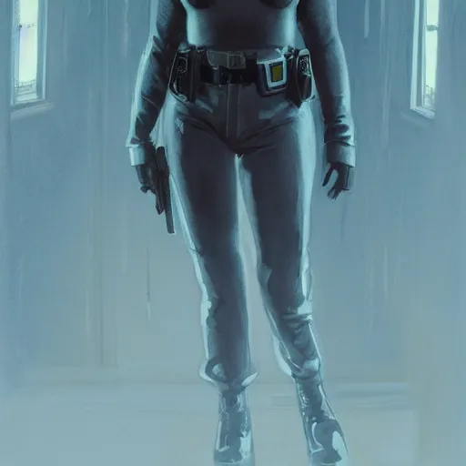 Image similar to kylie jenner as a cop, full body in view, full pov, haunted house interior, pretty, aesthetic, matte detailed photo, DeviantArt, Artstation, by donato giancola, ralph horley, loish, cinematic lighting