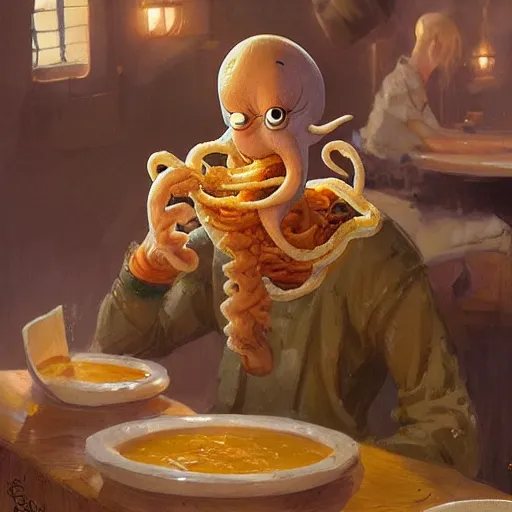 Prompt: Squidward eating ramen, Greg Rutkowski