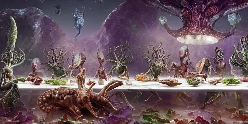 Image similar to !13 very diverse aliens enjoying a rich salad around a marble table, !positioned as last supper cinematic lighting, crystals and diamonds, fantasy, surreal, floating, highly detalied, 4k, artstation, by Wayne Barlowe