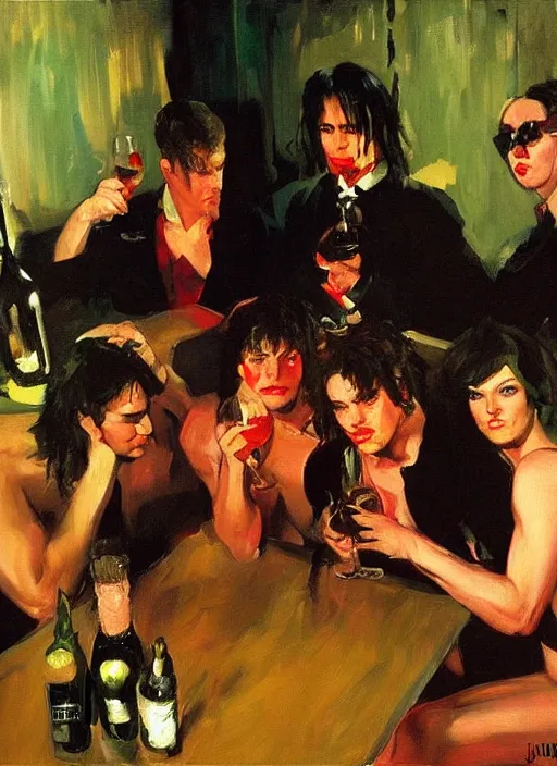 Prompt: glam rockers drinking brutal and raw wine, inside a green room with red lights by joaquin sorolla, phil hale, extremely detailed