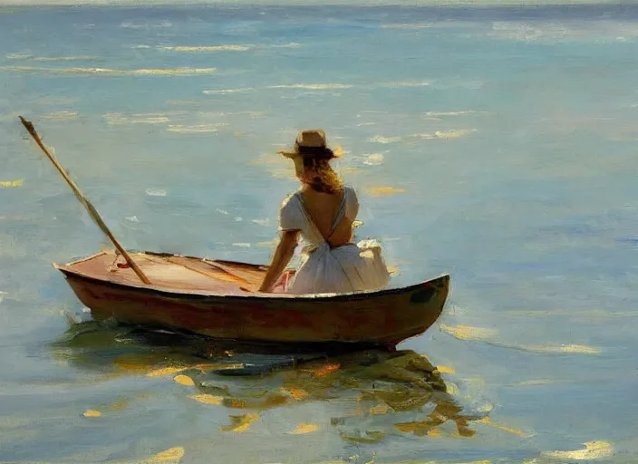 Prompt: painting of a person in a boat on the water, an oil painting by gregory manchess, deviantart, figurative art, oil on canvas, impressionism, painterly