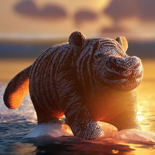 Image similar to a closeup photorealistic photograph of a cute smiling knitted tiger hippopotamus chasing a beachball at sundown. surf in background. professional capture. this 4 k hd image is trending on artstation, featured on behance, well - rendered, extra crisp, features intricate detail, epic composition and the style of unreal engine.