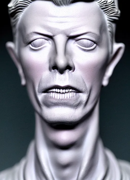 Image similar to David Bowie , A Close up photo-real delicate ceramic porcelain sculpture of a symmetrical ornate detailed in front of an intricate background by Victo Ngai and takato yamamoto, micro detail, backlit lighting, face in focus, subsurface scattering, translucent, thin porcelain, octane renderer, colorful, physically based rendering, japanese pottery, trending on cgsociety