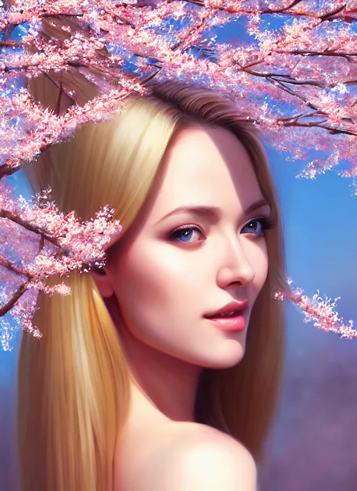 Image similar to photo of a gorgeous blonde female in the style of stefan kostic, realistic, half body shot, sharp focus, 8 k high definition, insanely detailed, intricate, elegant, art by stanley lau and artgerm, extreme blur cherry blossoms background