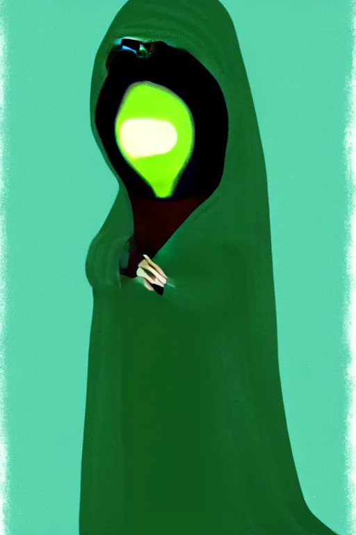 Prompt: A full body portrait of a cute shaman with no face, glowing eyes and a very long hooded dark green cloak of leaves in the style of Pixar, stylized