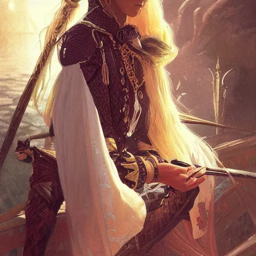 Prompt: a stunningly detailed portrait of a female elf as a pirate captain, intricate, elegant, highly detailed, digital painting, artstation, concept art, sharp focus, illustration, art by greg rutkowski and alphonse mucha