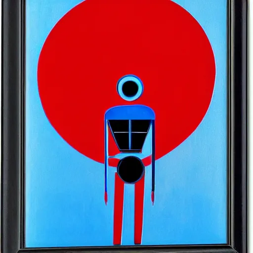 Prompt: symmetrical blue and red, mysterious figure looking at a distant machine, art